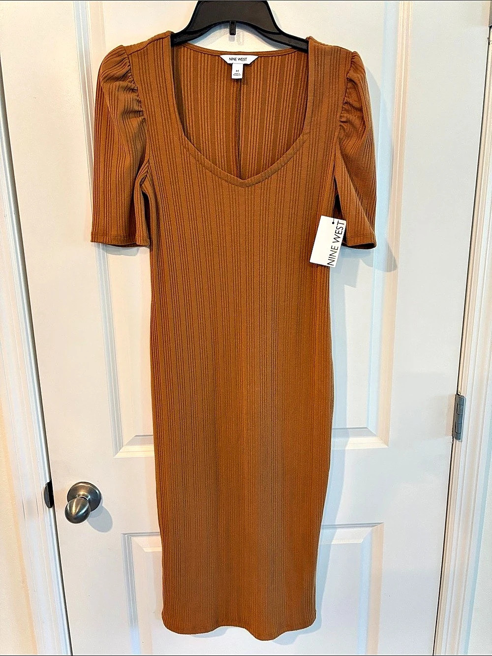 Nine West Ribbed Puff Sleeve Midi Dress in Golden Brown NWT